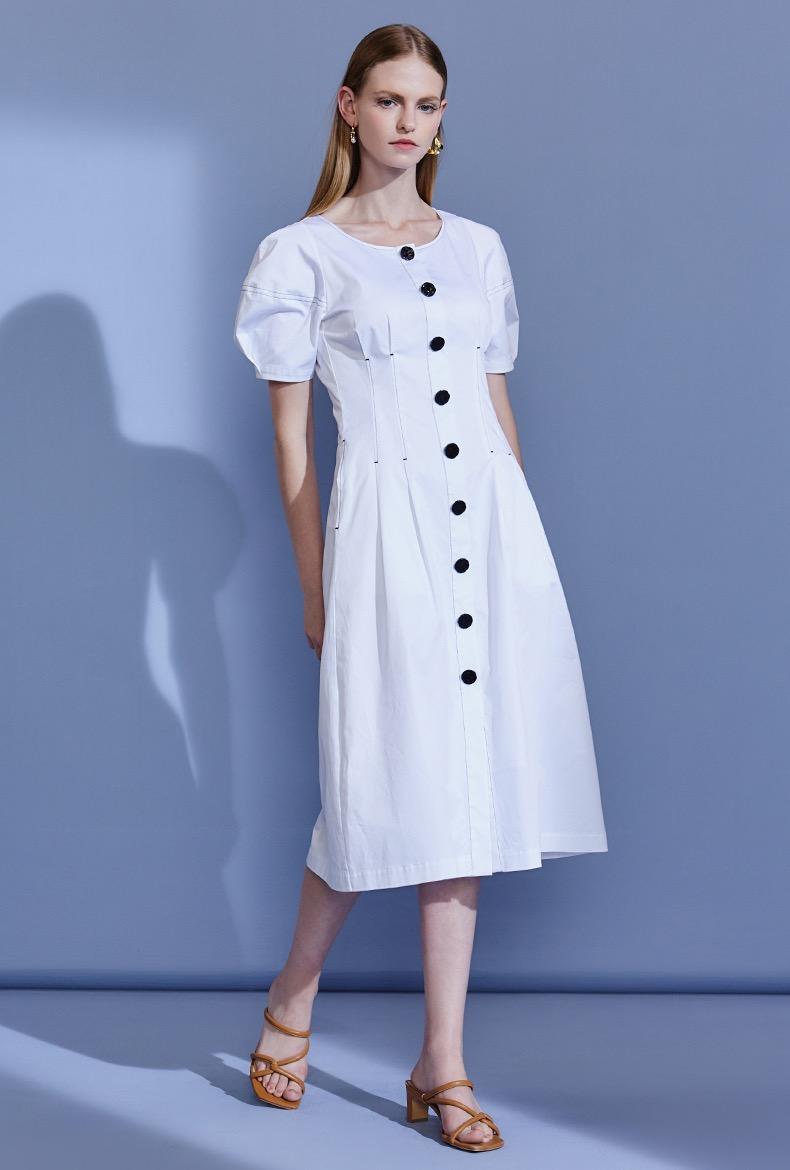 【网上平和堂】ochirly 欧时力2020新款夏装圆领排扣灯笼袖连衣裙女1