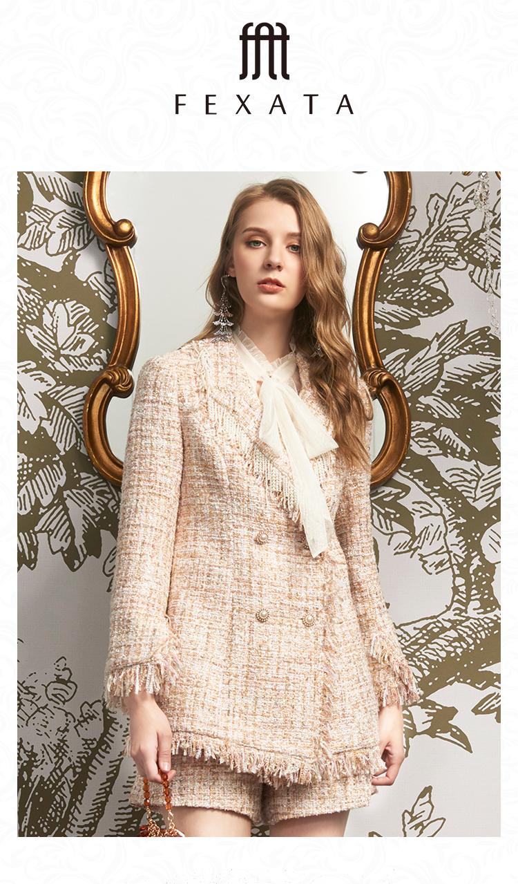 【网上平和堂】fexata2020秋新款西装领双排扣粗花呢外套女装小香风珍珠流苏大衣