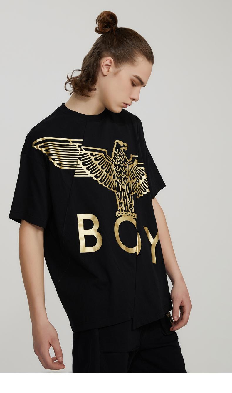 网上平和堂boylondon2020春不规则拼接金色老鹰印花情侣款t恤