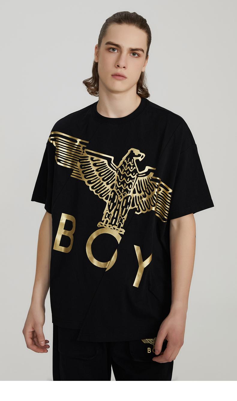 网上平和堂boylondon2020春不规则拼接金色老鹰印花情侣款t恤